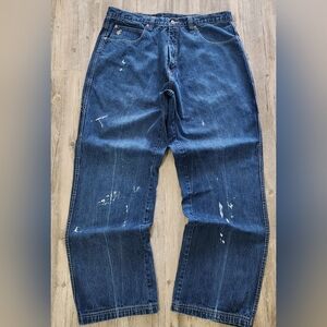 Men's Blue Denim Jeans with Faded Paint Detail